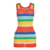 Vibrant Rainbow Stripe Scoop Neck Openwork Crochet Knit Mini Tank Dress