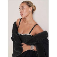 Fur Trim Wrap Shawl - Black