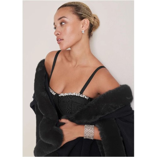 Fur Trim Wrap Shawl - Black