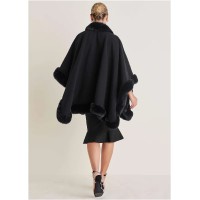 Fur Trim Wrap Shawl - Black