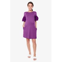 Flounce Sleeves Calissa Bamboo Cotton Nursing Dress Eggplant