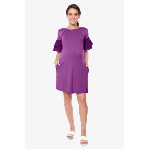 Flounce Sleeves Calissa Bamboo Cotton Nursing Dress Eggplant