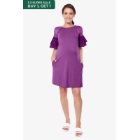 Flounce Sleeves Calissa Bamboo Cotton Nursing Dress Eggplant