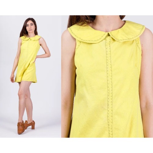 60s Chartreuse Embroidered Bib Collar Romper - Small