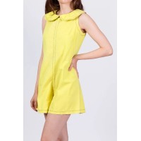 60s Chartreuse Embroidered Bib Collar Romper - Small