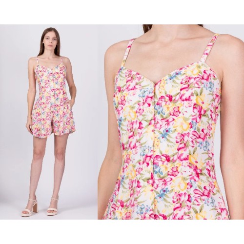 90s Grunge Pink Floral Romper - Petite Medium